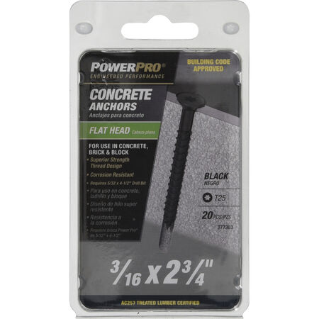 Power Pro Black Flat-Head Concrete Screw Anchor (3/16 in. x 2-3/4 in.) - 20 pc