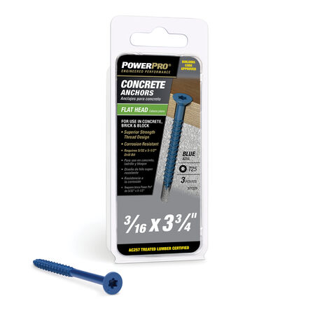 Power Pro Blue Flat-Head Concrete Screw Anchor (3/16 in. x 3-3/4 in.) - 3 pc