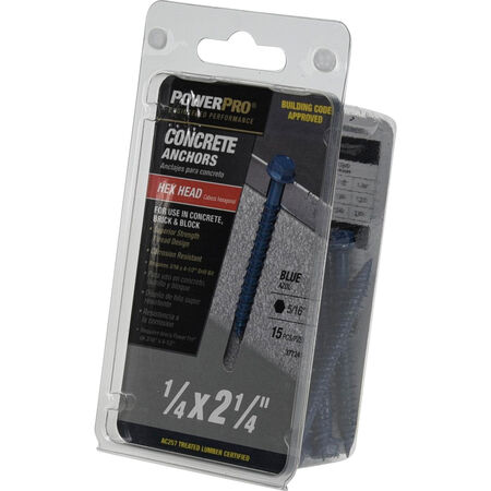 Power Pro Blue Hex Washer-Head Concrete Screw Anchor (1/4 in. x 2-1/4 in.) - 15 pc