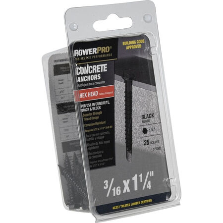 Power Pro Black Hex Washer-Head Concrete Screw Anchor (3/16 in. x 1-1/4 in.) - 25 pc