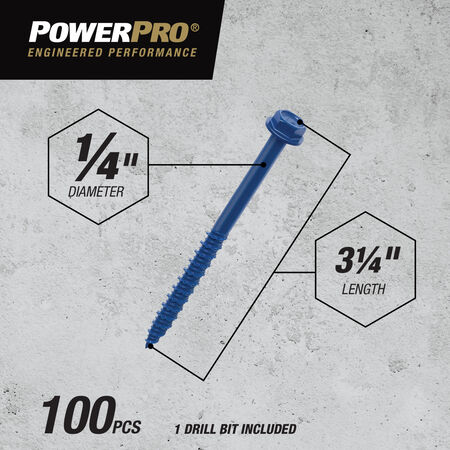 Power Pro Blue Hex Washer-Head Concrete Screw Anchor (1/4 in. x 3-1/4 in.) - 100 pc