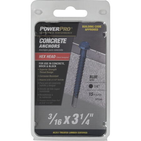 Power Pro Blue Hex Washer-Head Concrete Screw Anchor (3/16 in. x 3-1/4 in.) - 15 pc