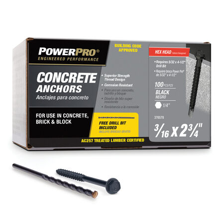Power Pro Black Hex Washer-Head Concrete Screw Anchor (3/16 in. x 2-3/4 in.) - 100 pc