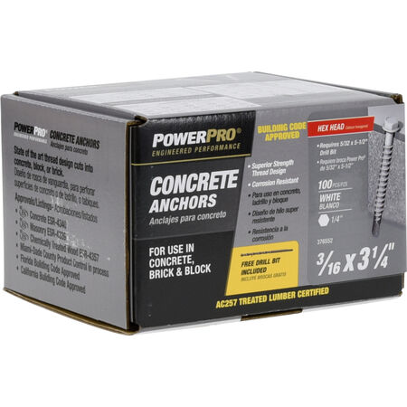 Power Pro White Hex Washer-Head Concrete Screw Anchor (3/16 in. x 3-1/4 in.) - 100 pc