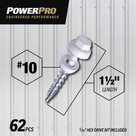 Power Pro White Self Drilling Metal-to-Wood Roofing Screws (#10 x 1-1/2 in.)-62 pc