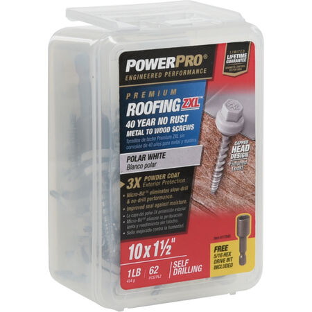 Power Pro White Self Drilling Metal-to-Wood Roofing Screws (#10 x 1-1/2 in.)-62 pc