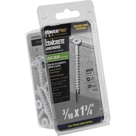Power Pro White Flat-Head Concrete Screw Anchor (3/16 in. x 1-3/4 in.) - 25 pc