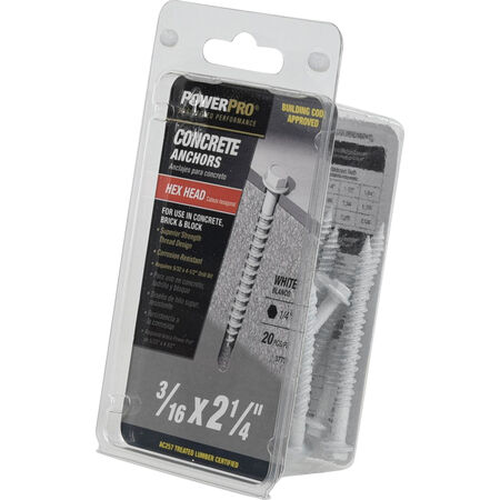Power Pro White Hex Washer-Head Concrete Screw Anchor (3/16 in. x 2-1/4 in.) - 20 pc