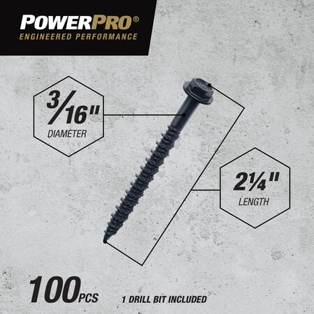 Power Pro Black Hex Washer-Head Concrete Screw Anchor (3/16 in. x 2-1/4 in.) - 100 pc
