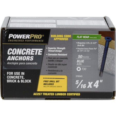 Power Pro Blue Flat-Head Concrete Screw Anchor (5/16 in. x 4 in.) - 50 pc