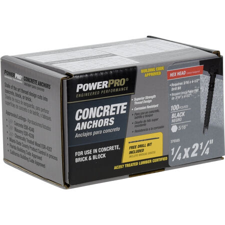 Power Pro Black Hex Washer-Head Concrete Screw Anchor (1/4 in. x 2-1/4 in.) - 100 pc