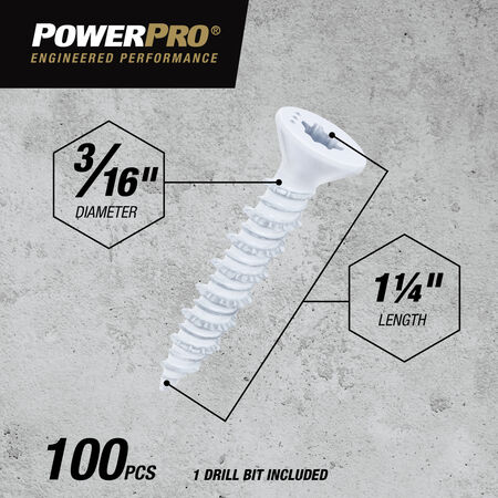 Power Pro White Flat-Head Concrete Screw Anchor (3/16 in. x 1-1/4 in.) - 100 pc