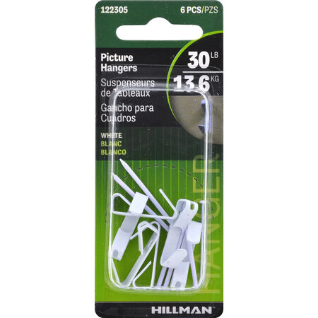 Hillman Conventional Picture Hangers White 30lb 6 Pack