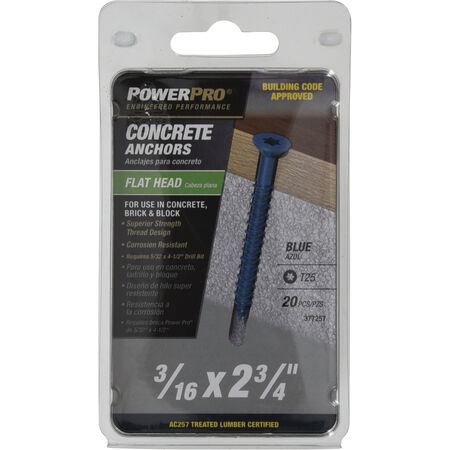 Power Pro Blue Flat-Head Concrete Screw Anchor (3/16 in. x 2-3/4 in.) - 20 pc