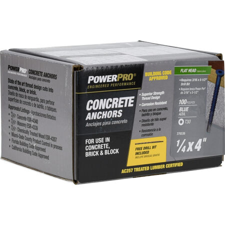 Power Pro Blue Flat-Head Concrete Screw Anchor (1/4 in. x 4 in.) - 100 pc