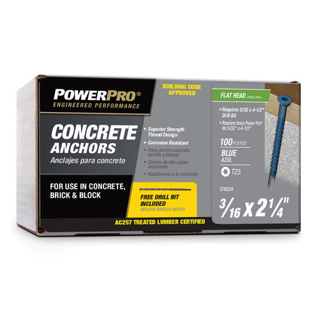 Power Pro Blue Flat-Head Concrete Screw Anchor (3/16 in. x 2-1/4 in.) - 100 pc