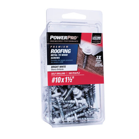 Power Pro White Self Drilling Metal-to-Wood Roofing Screws (#10 x 1-1/2 in.)-100 pc
