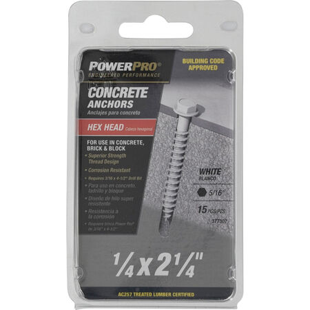 Power Pro White Hex Washer-Head Concrete Screw Anchor (1/4 in. x 2-1/4 in.) - 15 pc