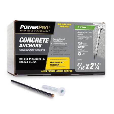 Power Pro White Flat-Head Concrete Screw Anchor (3/16 in. x 2-1/4 in.) - 100 pc