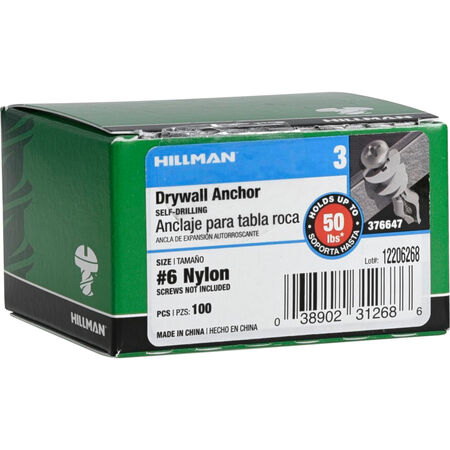 Hillman Nylon Self Drilling Drywall Anchor (#6) - 100 pc