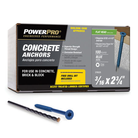 Power Pro Blue Flat-Head Concrete Screw Anchor (3/16 in. x 2-3/4 in.) - 100 pc