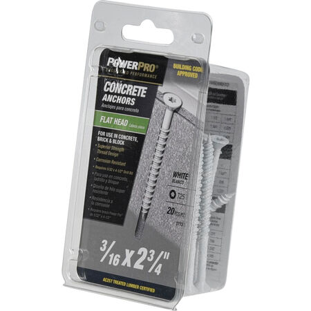 Power Pro White Flat-Head Concrete Screw Anchor (3/16 in. x 2-3/4 in.) - 20 pc
