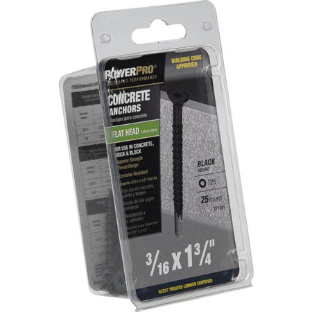 Power Pro Black Flat-Head Concrete Screw Anchor (3/16 in. x 1-3/4 in.) - 25 pc