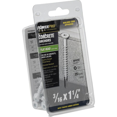 Power Pro White Flat-Head Concrete Screw Anchor (3/16 in. x 1-1/4 in.) - 25 pc