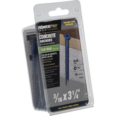 Power Pro Blue Flat-Head Concrete Screw Anchor (3/16 in. x 3-1/4 in.) - 15 pc