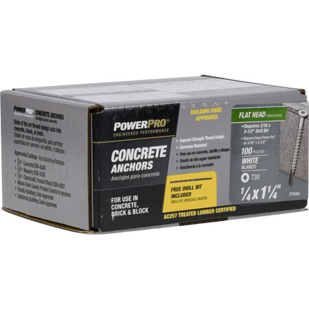 Power Pro White Flat-Head Concrete Screw Anchor (1/4 in. x 1-1/4 in.) - 100 pc