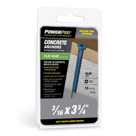 Power Pro Blue Flat-Head Concrete Screw Anchor (3/16 in. x 3-3/4 in.) - 15 pc