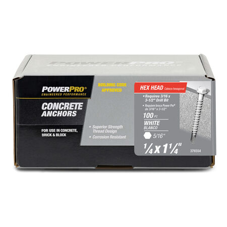Power Pro White Hex Washer-Head Concrete Screw Anchor (1/4 in. x 1-1/4 in.) - 100 pc