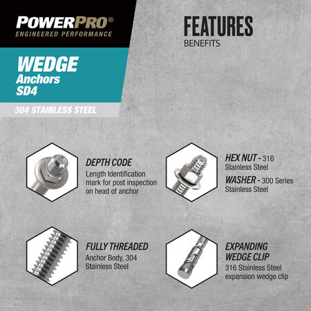 Power Pro SD4 304 Stainless Steel Wedge Anchors (5/8 in. x 6 in.) - 10 pc