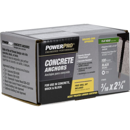 Power Pro Black Flat-Head Concrete Screw Anchor (3/16 in. x 2-3/4 in.) - 100 pc