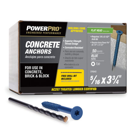 Power Pro Blue Flat-Head Concrete Screw Anchor (5/16 in. x 3-3/4 in.) - 50 pc