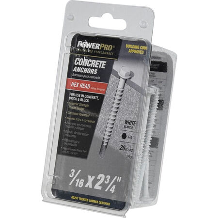 Power Pro White Hex Washer-Head Concrete Screw Anchor (3/16 in. x 2-3/4 in.) - 20 pc