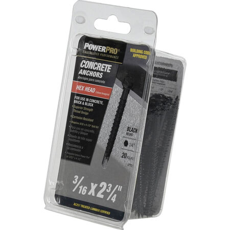 Power Pro Black Hex Washer-Head Concrete Screw Anchor (3/16 in. x 2-3/4 in.) - 20 pc