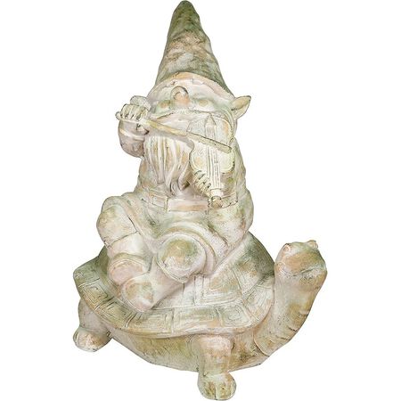 Alpine Corporation Mossy Stone Garden Gnome Playing Fiddle on Turtle Statue, 20 Inch Tall, Multi-Color 