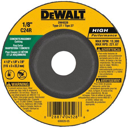 DeWalt High Performance 4-1/2 in. D X 7/8 in. X 1/8 in. thick Silicon Carbide Masonry Cutting Wheel
