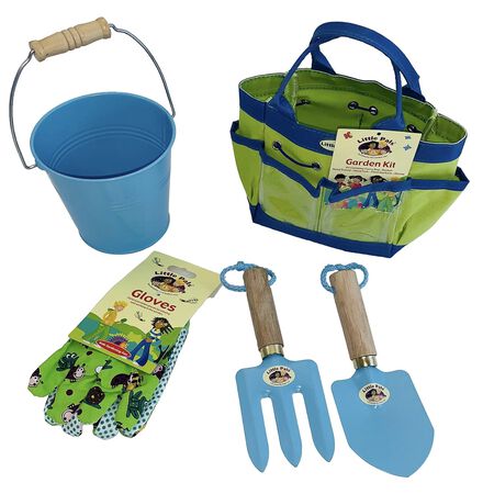 Tierra Garden Little Pals Kids Junior Garden Kit with Hand Trowel, Hand Fork, Gloves and Bucket. Blue/Green