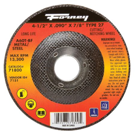 Forney 4-1/2 in. D X 7/8 in. X.090 in. thick Aluminum Oxide Metal Cut-Off Wheel 1 pc