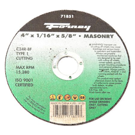 Forney 4 in. D X 5/8 in. X 1/16 in. thick Silicon Carbide Masonry Cutting Wheel 1 pc