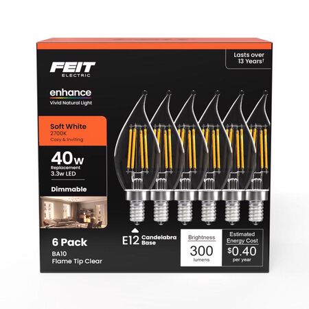 Feit Enhance CA10 (Flame Tip) E12 (Candelabra) Filament LED Bulb Soft White 40 Watt Equivalence 6 pk