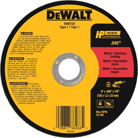 DeWalt High Performance 6 in. D X 7/8 in. X.045 in. thick Aluminum Oxide Cut-Off Wheel 1 pc