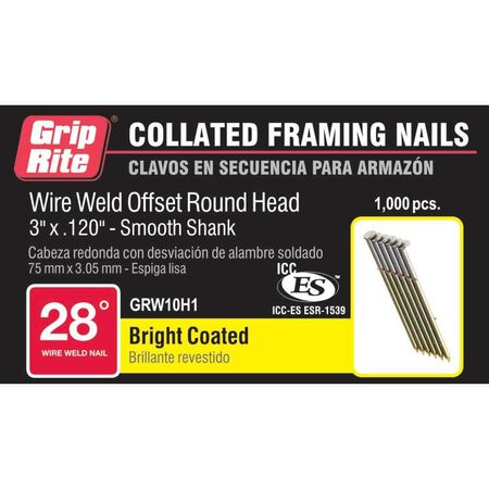 Grip-Rite 3x0.120 in. 28&deg; Bright Smooth Shank Nails
