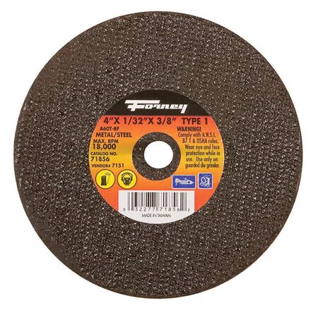 Forney 4 in. D X 3/8 in. X 1/32 in. thick Aluminum Oxide Metal Cut-Off Wheel 1 pc