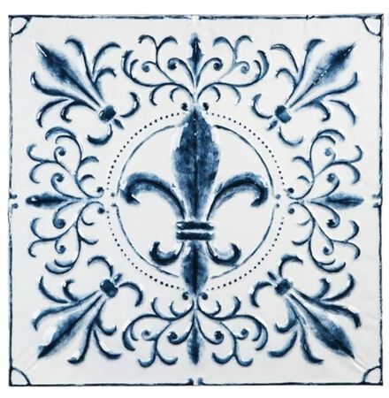 Evergreen Blue and White Embossed Fleur-de-Lis Square Medallion