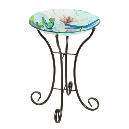 16&rdquo; glass birdbath w/stand dragonfly