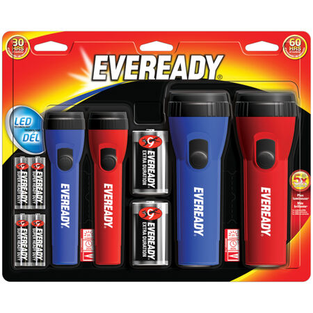 Eveready 25 lm Black/Blue/Red LED Flashlight AA/D Battery