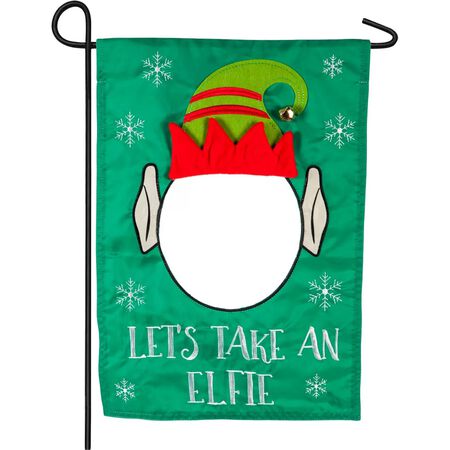 Evergreen Let's Take An Elfie Applique Garden Flag